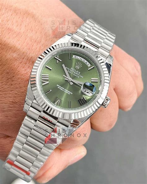 rolex day date white gold green dial review|rolex day date price.